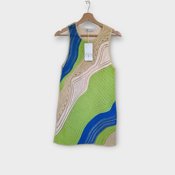 NWT ZARA Crochet Cover Up Sleeveless Dress in Blue and Green, size S - Picture 1 of 5